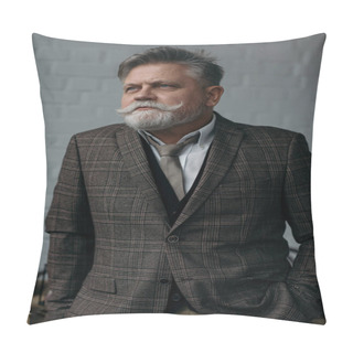 Personality  Senior Man In Stylish Tweed Suit Looking Away In Front Of White Brick Wall Pillow Covers