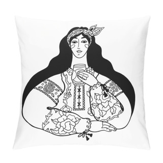 Personality  Vector Illustration Of A Girl With Long Hair In An Embroidered Ethnic Shirt. Black And White Illustration, Line Art, Outline Isolated On White Background.  Pillow Covers