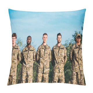 Personality  Portrait Of Multiracial Confident Soldiers In Military Uniform Standing On Range Pillow Covers