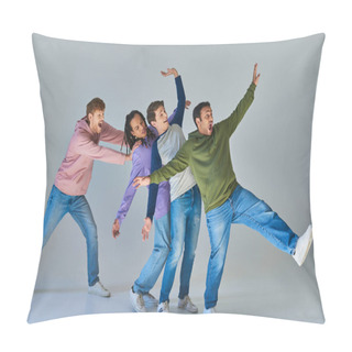 Personality  Four Cheerful Friends In Bright Casual Outfits Having Fun On Grey Background, Cultural Diversity Pillow Covers