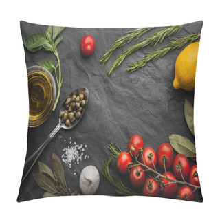 Personality  Herbs Mix With Tomatoes, Lemon And Olive Oil On The Black Stone Table Pillow Covers