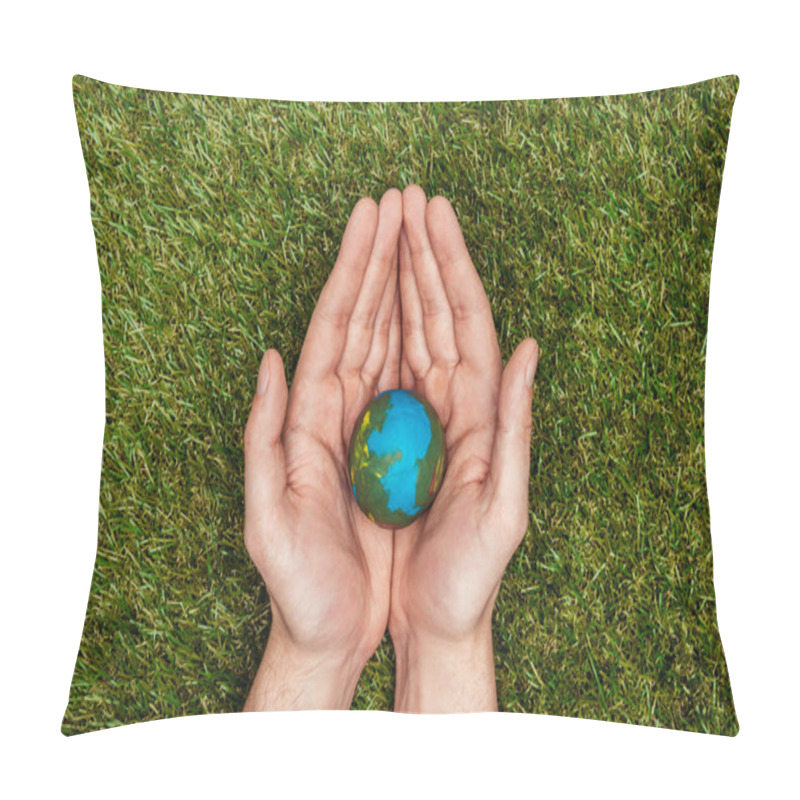 Personality  Cropped Image Of Man Holding Earth Model In Hands Above Green Grass, Earth Day Concept Pillow Covers