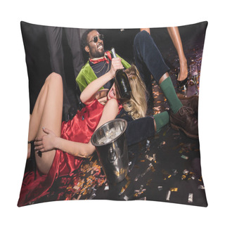 Personality  Girl In Red Dress Covering Face With Bottle Of Champagne Near African American Man And Friends On Black  Pillow Covers