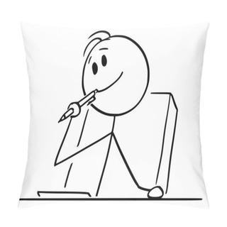 Personality  Vector Cartoon Of Creative Man Or Businessman Or Writer Thinking About Something With Ballpoint Pen In Mouth Pillow Covers
