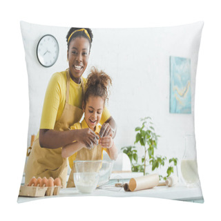 Personality  Cute African American Kid And Cheerful Mother Adding Egg In Bowl While Cooking In Kitchen  Pillow Covers