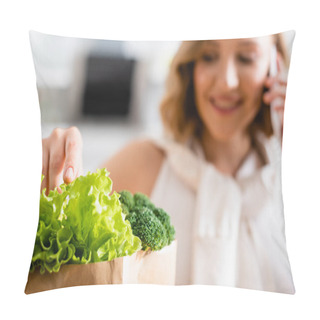 Personality  Selective Focus Of Woman Touching Fresh Lettuce Near Broccoli While Talking On Smartphone  Pillow Covers