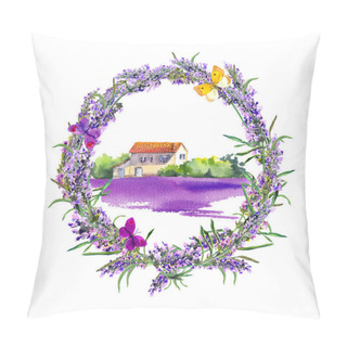 Personality  Rural Farm - Provencal House, Lavender Flowers Field. Watercolor Pillow Covers