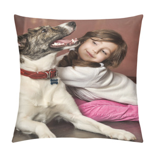 Personality  Portrait Of A Little Girl With Dog Pillow Covers