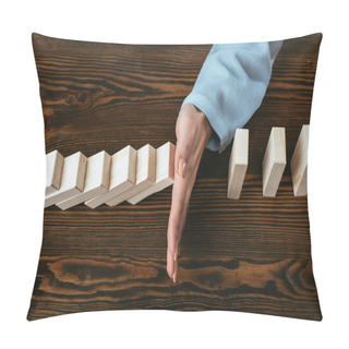 Personality  Close Up View Of Woman At Desk And Preventing Wooden Blocks From Falling With Hand Pillow Covers