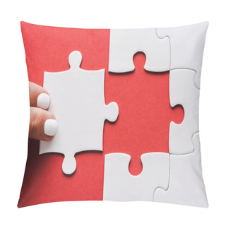 Personality  Cropped Of Woman Touching Jigsaw Near Connected White Puzzle Pieces On Red Pillow Covers