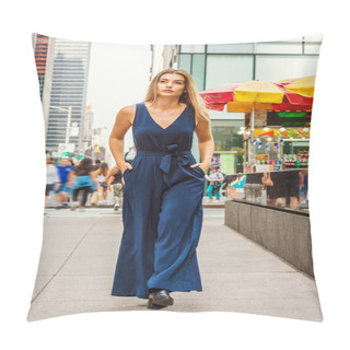Personality  Young Eastern European Woman With Long Brawn Hair Traveling In New York City, Wearing Blue Sleeveless, V Neck, Jumpsuit, Black Leather Shoes, Walking On Busy Street In Middletown Of Manhattan Pillow Covers
