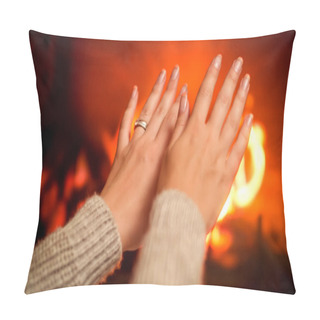 Personality  Closeup Image Of Female Hands Warming By The Fireplace. Feeling Cosy By The Fire At Home Pillow Covers