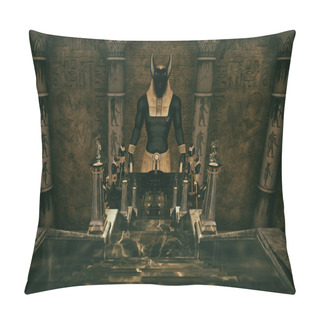 Personality  A Scene With A Ladder Which Leads To A Huge Statue Of The Egyptian God Anubis. Pillow Covers