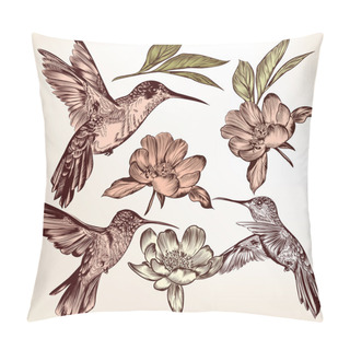 Personality  Collection Of Vector  Hand Drawn Hummingbirds And Flowers Pillow Covers