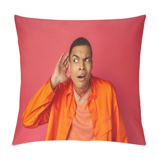 Personality  Curious African American Man With Hand Near Ear Eavesdropping On Red Background Pillow Covers