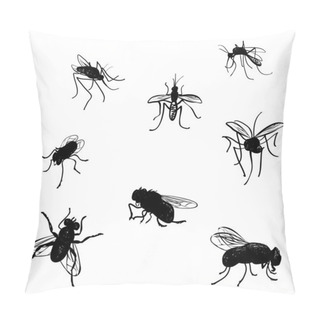 Personality  Vector Collection Of Various Positioned Doodle Flies And Mosquitoes. Pillow Covers