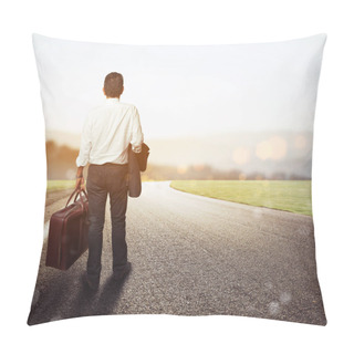 Personality  Man Walking  On A Road With His Suitcase  Pillow Covers