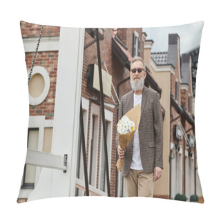 Personality  Senior Man With Beard And Sunglasses Holding Bouquet Of Flowers, Standing On Urban Street, Stylish Pillow Covers