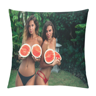 Personality  Two Brunette Girls With Long Curly Hair Smile. Beautiful Women In Bathing Suits Are Holding Watermelons In Their Hands. Beautiful Female Body, Model Covers The Bare Chest With Fruit. Pillow Covers