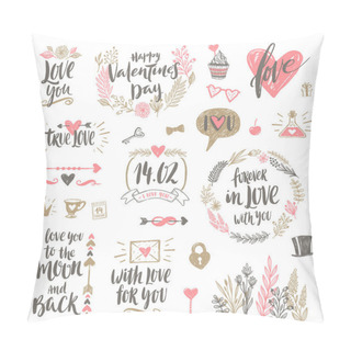 Personality  Valentine's Day Hand Drawn Calligraphy And Illustration Vector Set Pillow Covers