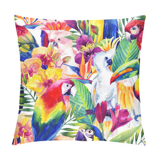 Personality  Watercolor Parrots With Tropical Flowers Seamless Pattern Pillow Covers