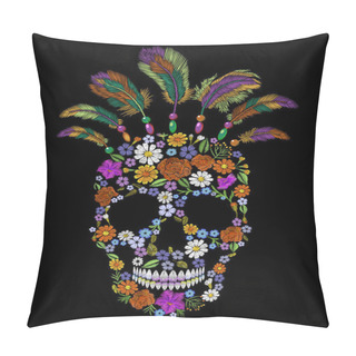 Personality  Embroidery Flower Skull Fashion Patch. Native Indian Mexican Ornament Clothes Decoration. Stitched Realistic Texture Design Template Colorful Feathers Vector Illustration Pillow Covers