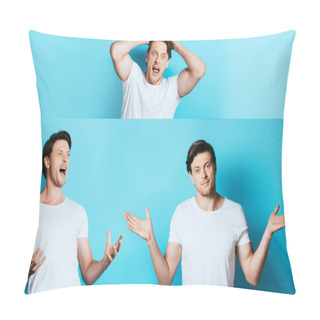 Personality  Collage Of Angry And Mad Man In White T-shirt On Blue Background Pillow Covers