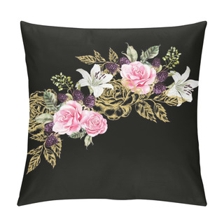 Personality  Wreath With Gold Graphic And Watercolor Flowers. Rose, Lily And Berries. Pillow Covers