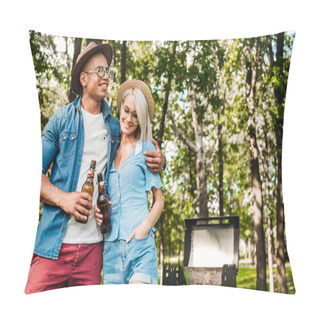 Personality  Portrait Of Multiracial Couple With Beer Standing Near Grill In Summer Park Pillow Covers