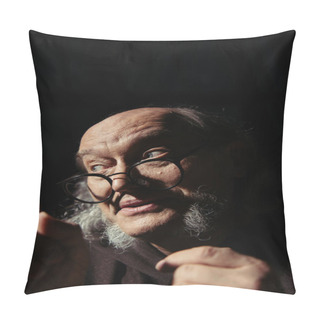 Personality  Thoughtful Medieval Philosopher Showing Idea Sign Isolated On Black Pillow Covers
