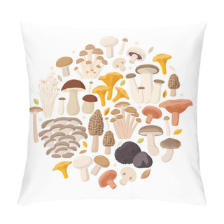 Personality  Mushrooms Collection Of Vector Flat Illustrations Isolated On White In Round. Cep, Chanterelle, Honey Agaric, Enoki, Morel, Oyster Mushrooms, King Oyster, Shimeji, Champignon, Shiitake, Black Truffle Pillow Covers