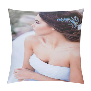 Personality  Gorgeous Brunette European Type Sits In Profile On The Beach, Looking Romantically Into The Distance. Beautiful Hair Decoration Handmade Pillow Covers