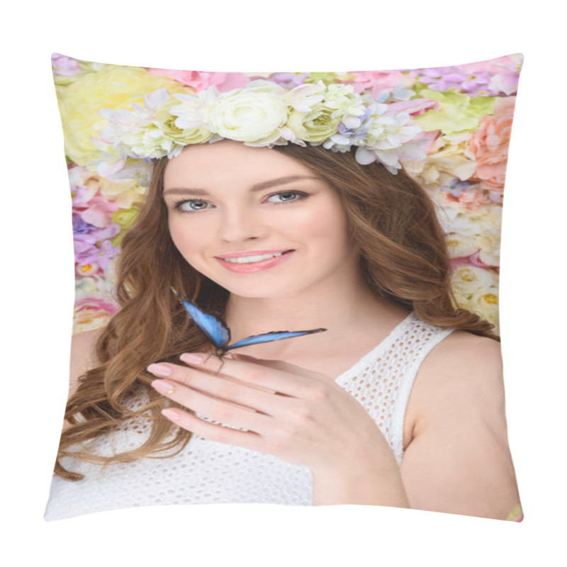 Personality  happy young woman in floral wreath with butterfly on hand pillow covers