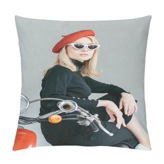 Personality  Elegant Blonde Girl In Black Clothes Posing By Vintage Scooter Isolated On Grey Pillow Covers