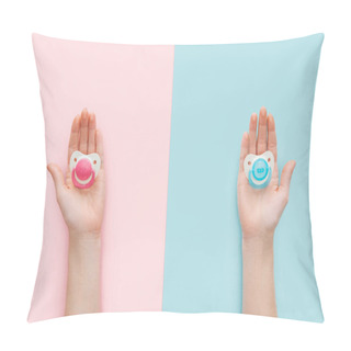 Personality  Partial View Of Women Holding Pacifiers On Blue And Pink Background With Copy Space Pillow Covers