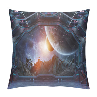 Personality  Grunge Spaceship Blue And Pink Interior With View On Distant Planets System 3D Rendering Elements Of This Image Furnished By NASA Pillow Covers