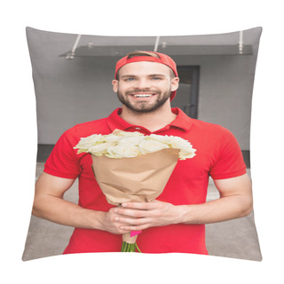Personality  Portrait Of Cheerful Delivery Man Holding Bouquet Of Roses On Street Pillow Covers