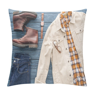 Personality  Flat Lay With Jeans, Checkered Shirt And Leather Boots On Wooden Background Pillow Covers