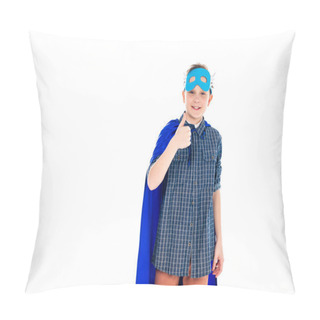 Personality  Happy Boy In Superhero Costume Showing Thumb Up Sign Isolated On White With Copy Space Pillow Covers