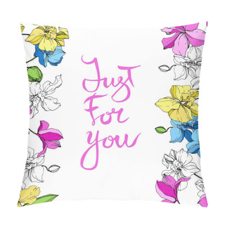 Personality  Yellow, Blue And Pink Orchids. Engraved Ink Art. Floral Borders. Just For You Handwriting Monogram Calligraphy. Pillow Covers