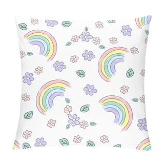 Personality  Hand Drawn Vector Seamless Pattern With Cute Rainbows And Spring Flowers Backgrounds For Kids, Baby Texture For Fabric Textile Wallpaper Apparel Wrapping. Vector Illustration Pillow Covers