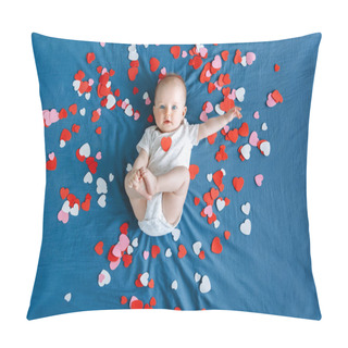 Personality  Cute Adorable White Caucasian Baby Girl Boy Infant With Blue Eyes Four Months Old Lying On Bed Among Many Foam Paper Red Pink Colorful Hearts. View From Top Above. Happy Valentine Day Holiday Pillow Covers