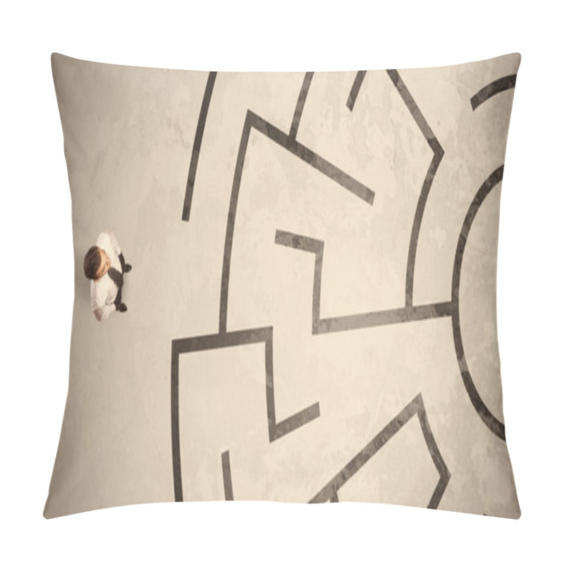 Personality  Lost business man looking for a way in circular labyrinth pillow covers
