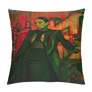 Personality  Woman Stands Before Urban Graffiti Wall Pillow Covers