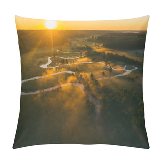 Personality  Amazing Sunrise Sunset Over Misty Landscape. Scenic View Of Foggy Morning Sky With Rising Sun Above Misty Forest And River. Pillow Covers