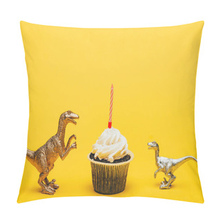 Personality  Toy Dinosaurs Beside Cupcake With Candle On Yellow Background Pillow Covers