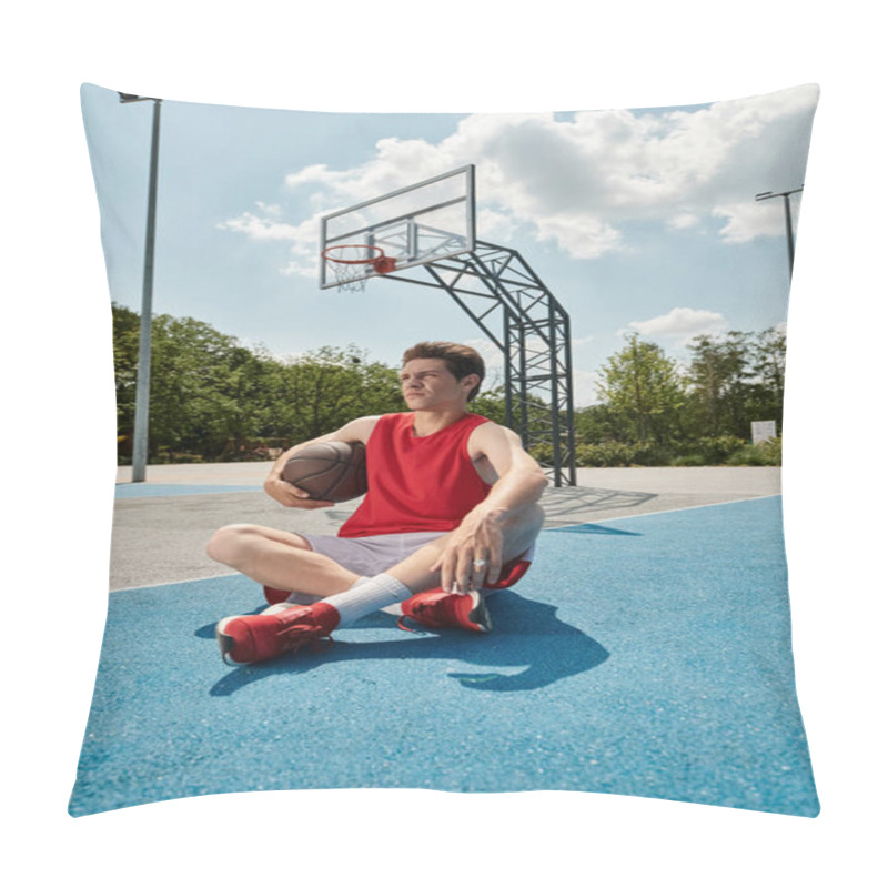 Personality  A Young Basketball Player Sits On The Court, Deep In Thought, Holding A Basketball In His Hands On A Sunny Summer Day. Pillow Covers