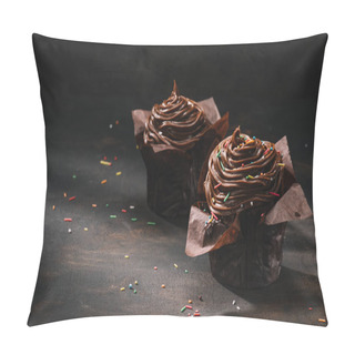 Personality  Yummy Chocolate Cupcakes With Buttercream Glaze And Sugar Spreading On Table Pillow Covers