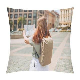 Personality  Happy Tourist Girl With Map Travels In Europe. Vacation Concept By Exploring Interesting Places To Travel. Redhead Woman Searching Locations Pillow Covers
