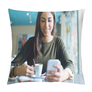 Personality  Beautiful Girl Using Her Mobile Phone In Cafe. Pillow Covers